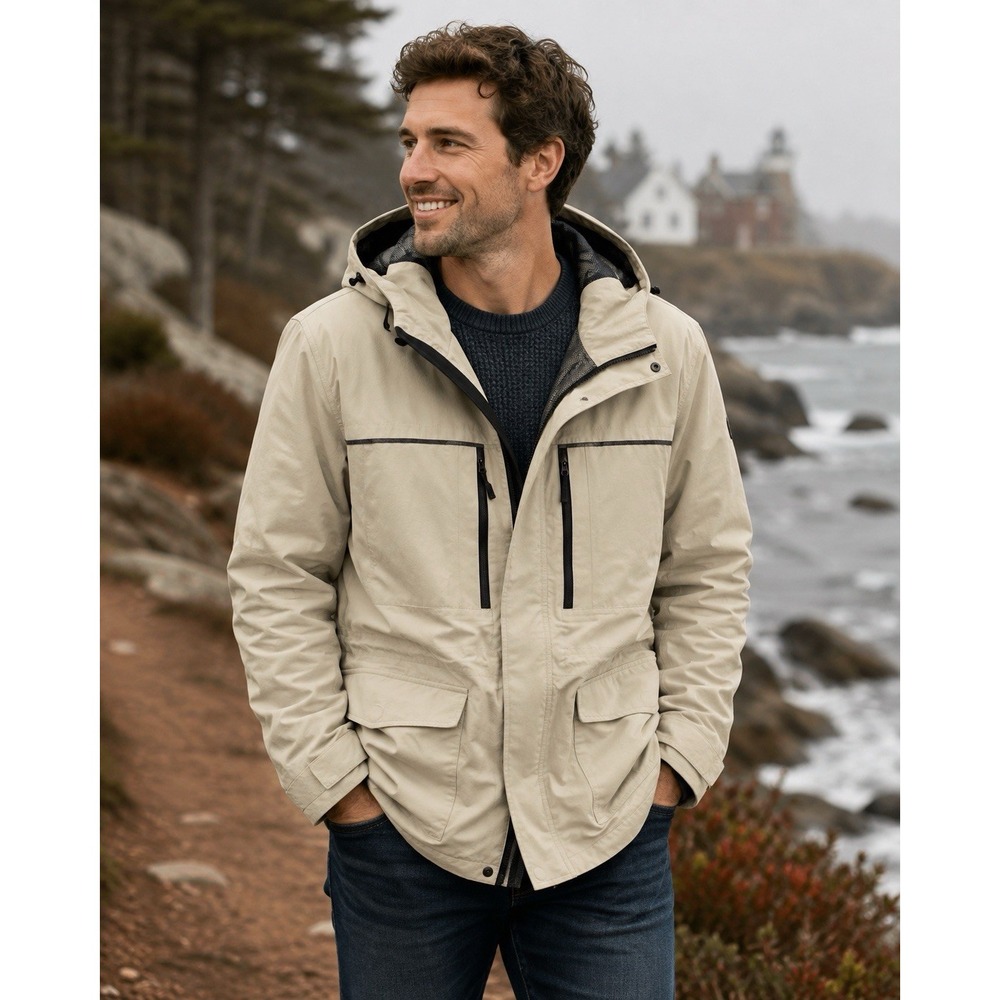 Lands End Squall Jacket Mens XXL Beige Hooded Rain Coat Mesh Lined Outdoor